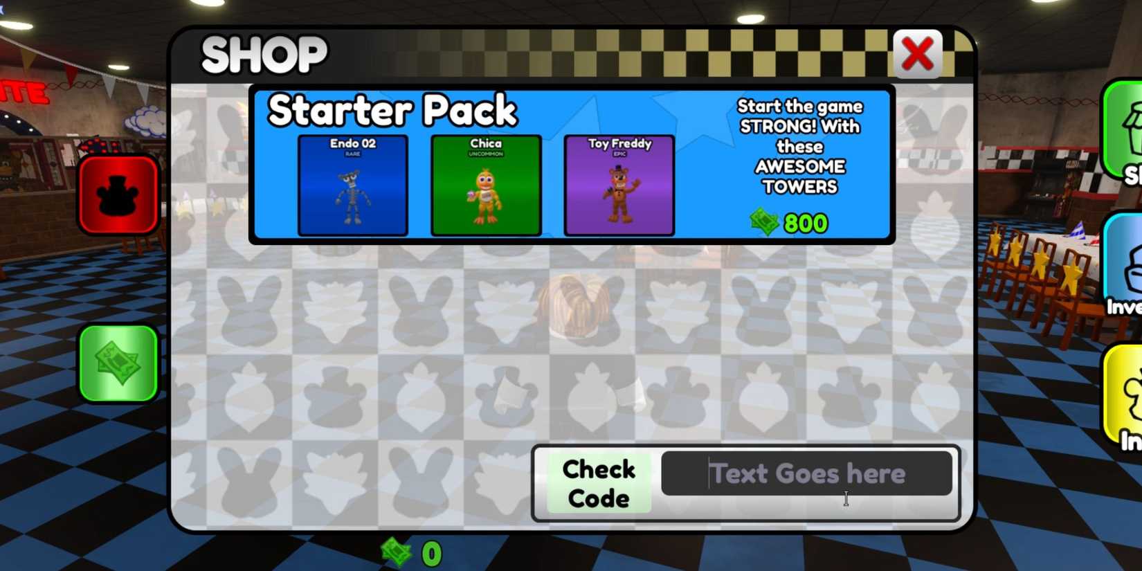 Fazbear World Tower Defense the codes tab