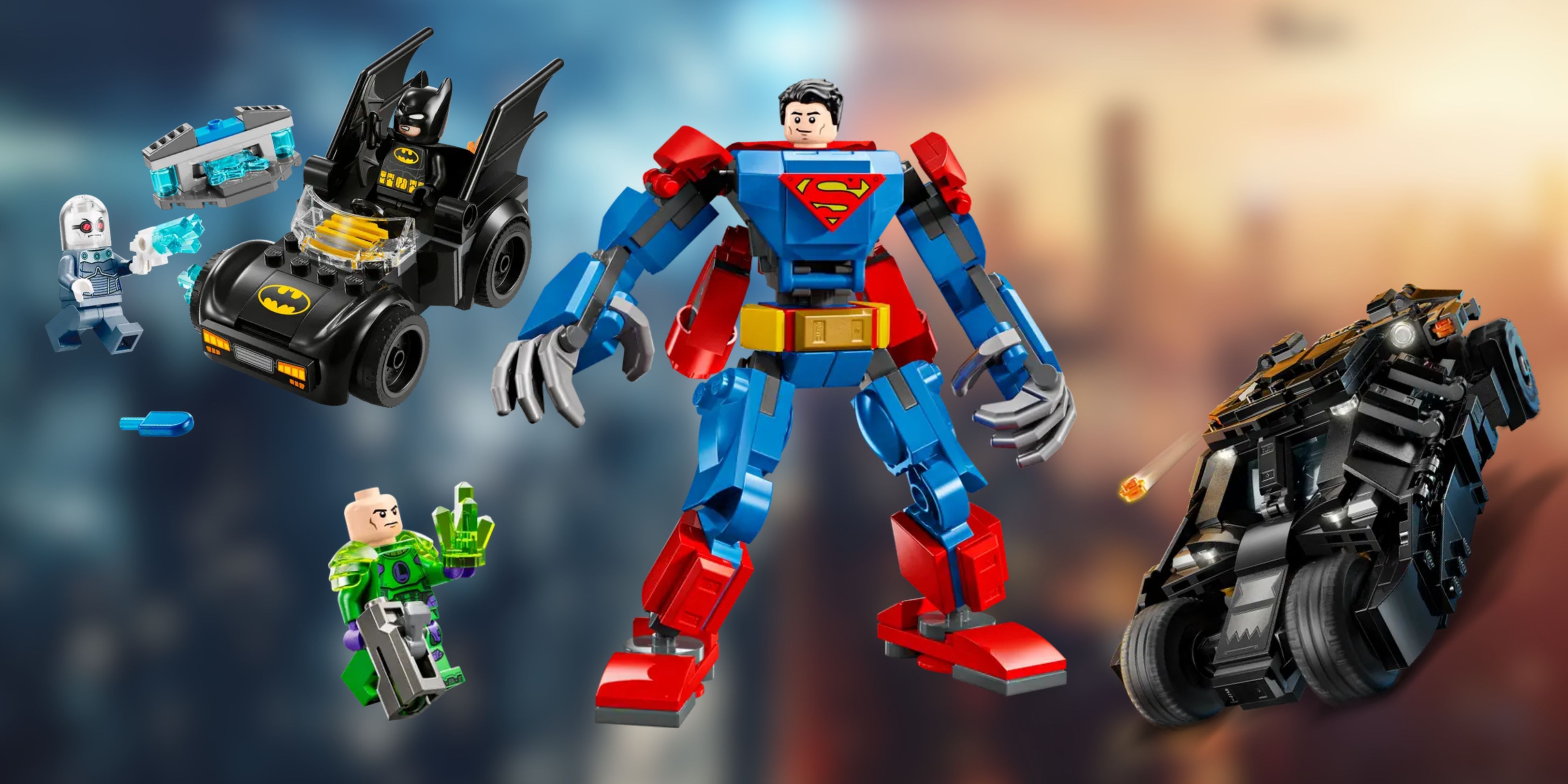 image of three DC lego sets on a DC background.