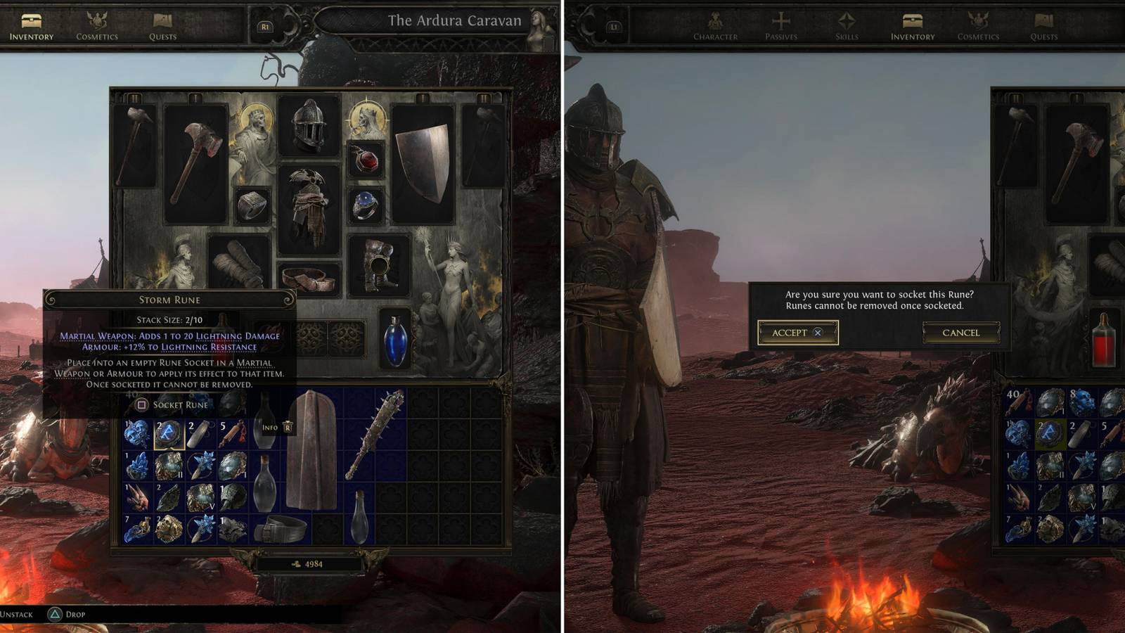 A Rune In The Player's Inventory & The Equip Rune Screen 