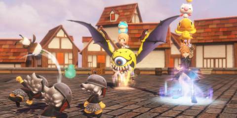 Fighting a battle in a village World Of Final Fantasy