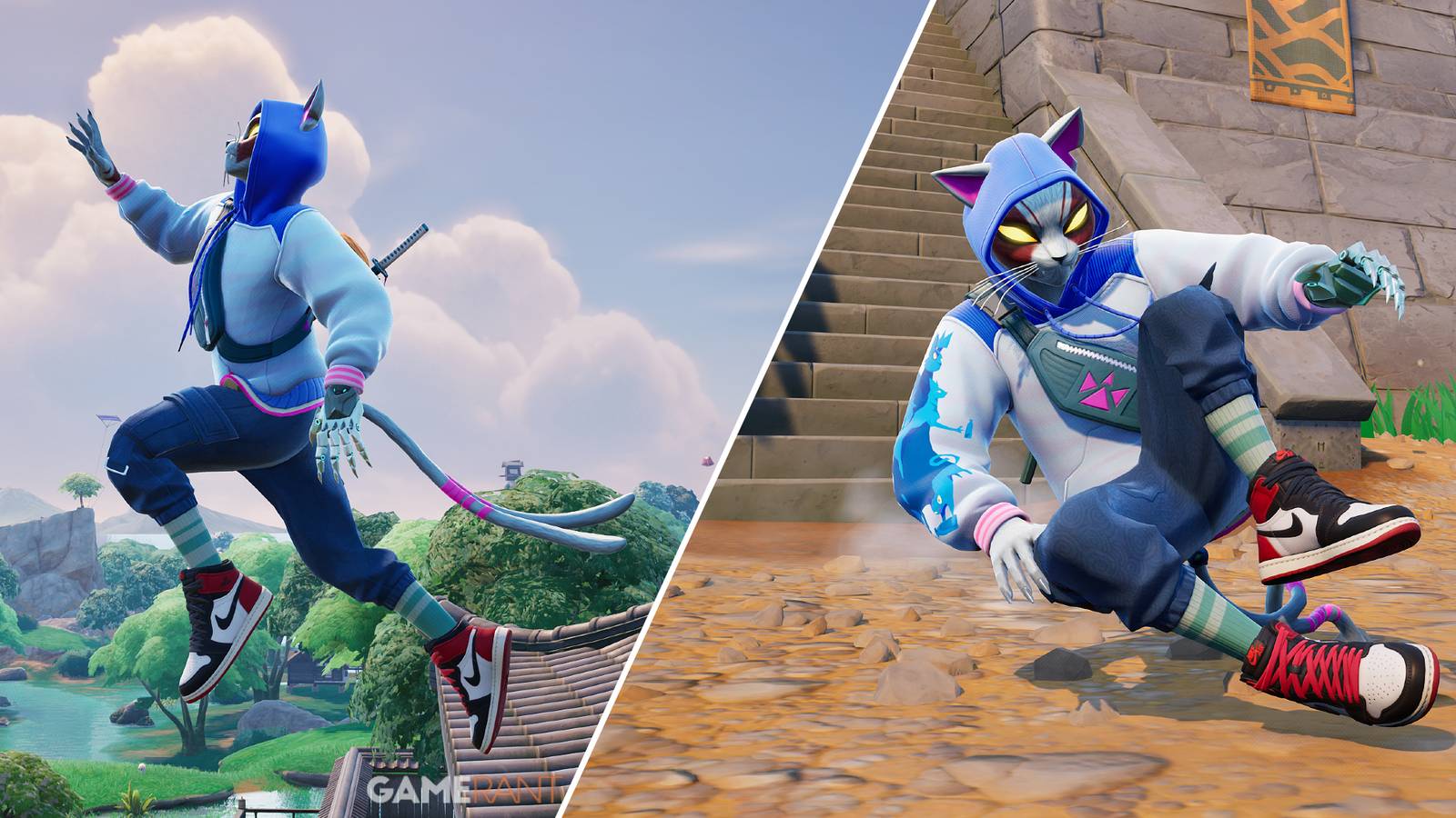 Split-image showcasing how to Ledge Jump & Roll Land in Fortnite