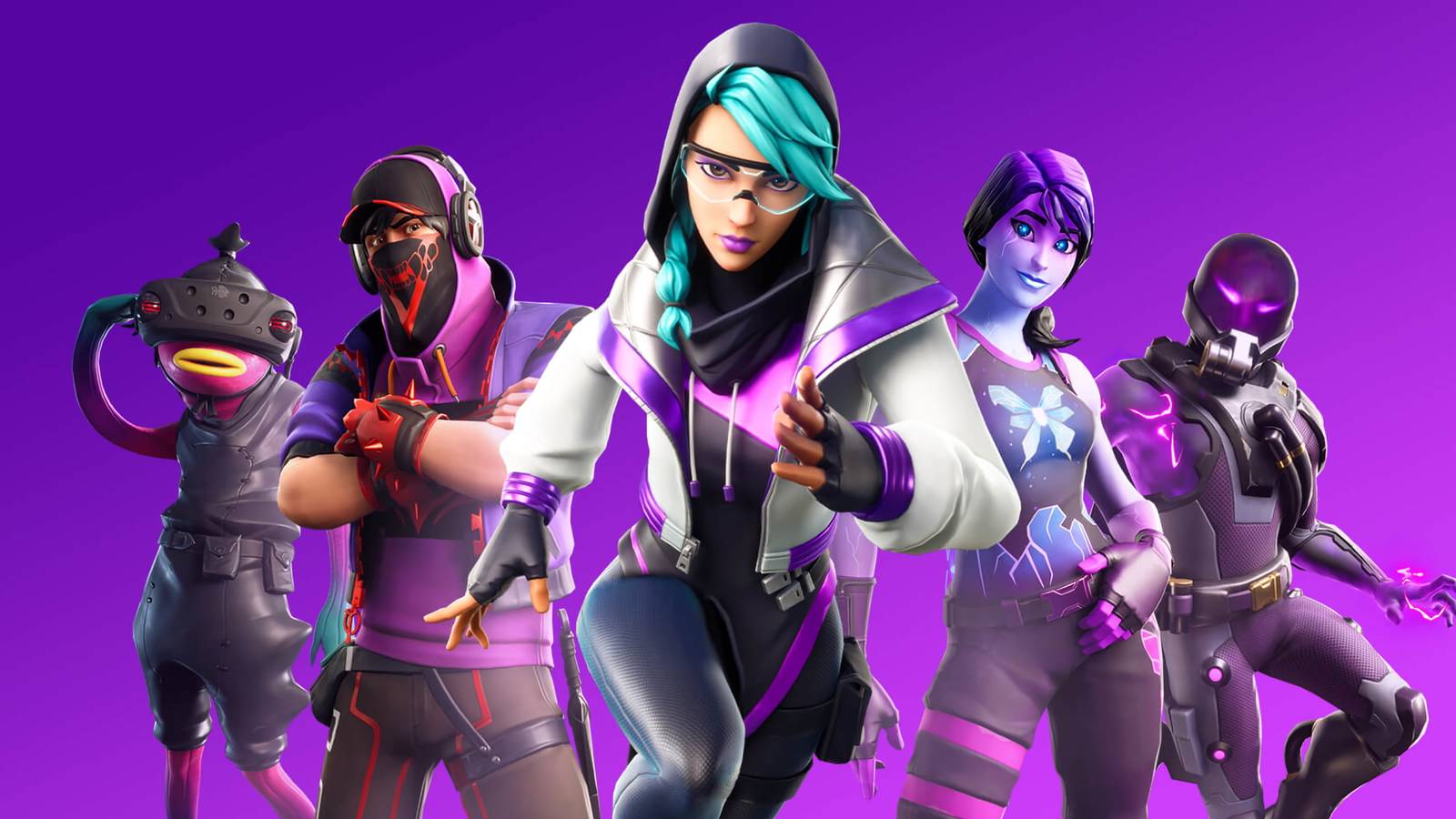 A promotional visual for Fortnite featuring several skins against a purple background.