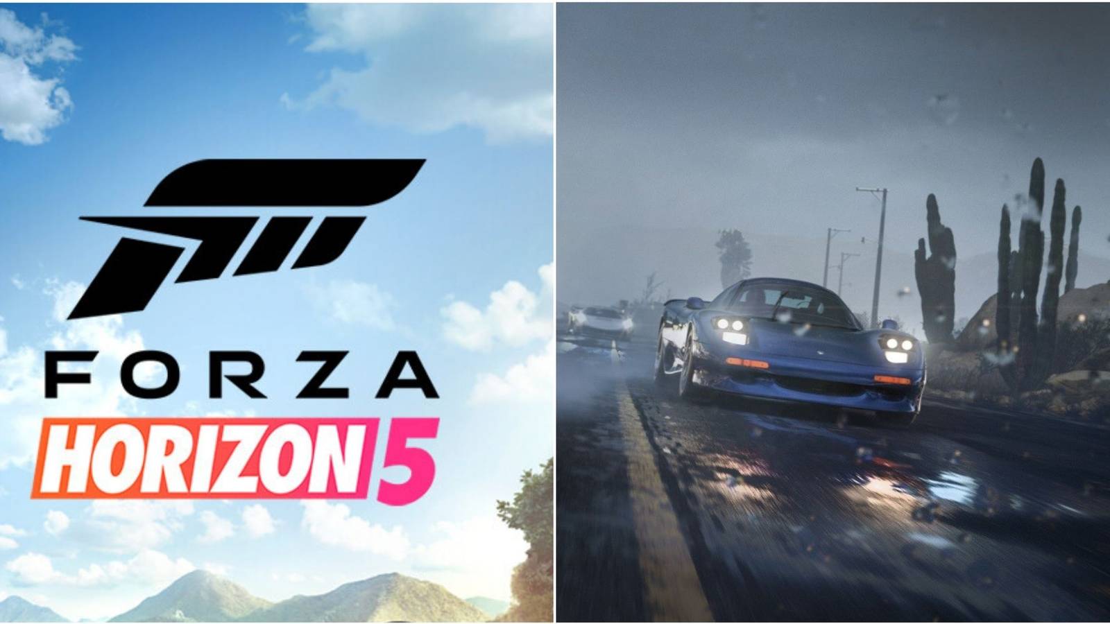 forza horizon 5 logo and blue car in rain