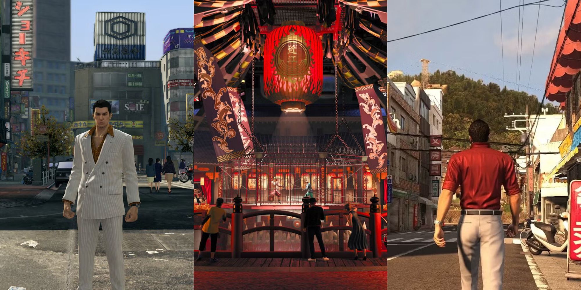 Kamurocho from Yakuza 0, Coliessuem from Like a Dragon Gaiden and Onomichi from Yakuza 6