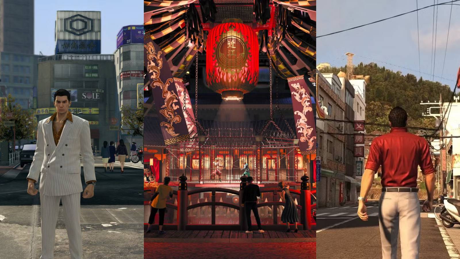 Kamurocho from Yakuza 0, Coliessuem from Like a Dragon Gaiden and Onomichi from Yakuza 6