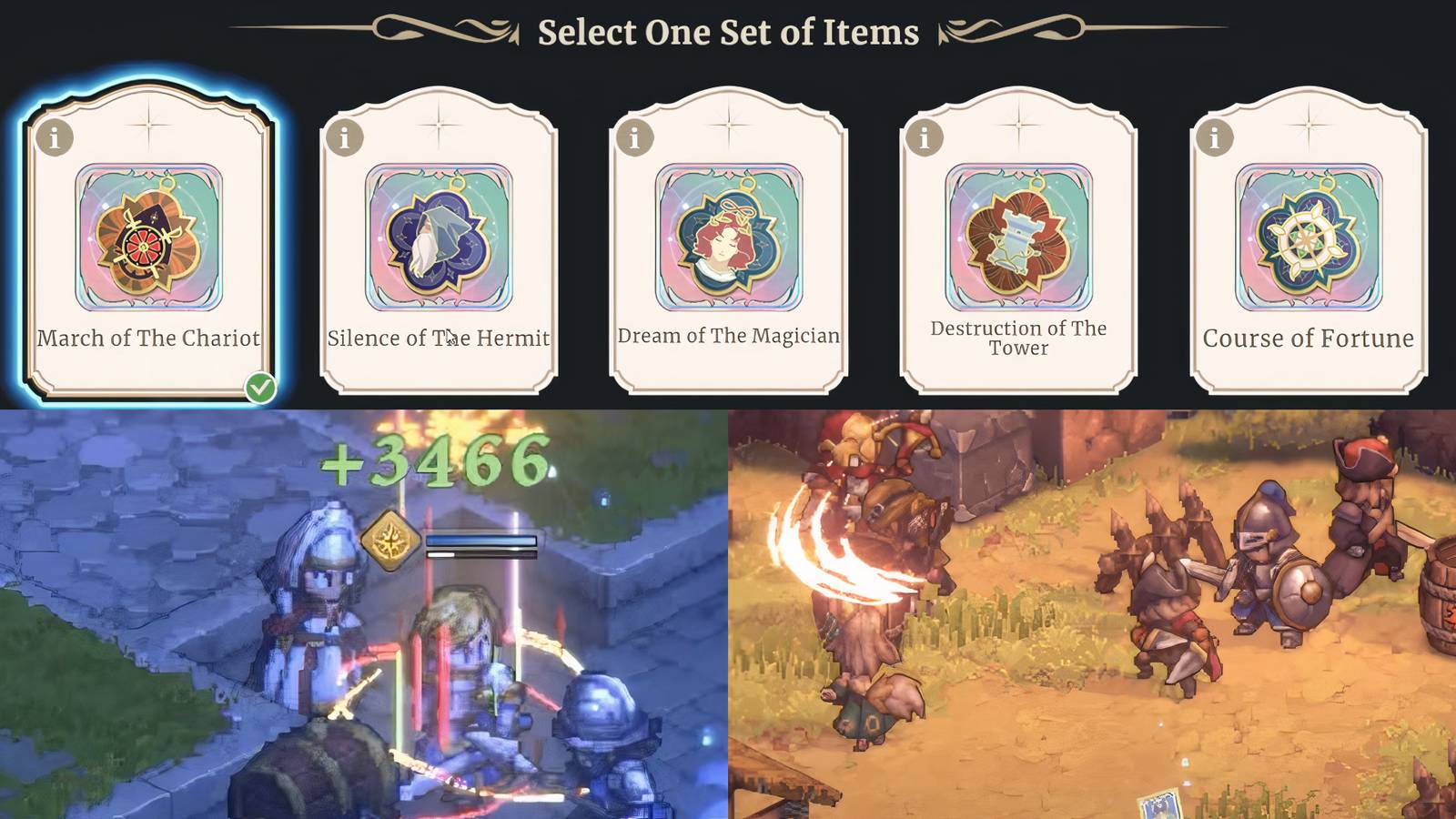 Selecting tarots and an in-game battle in Sword of Convallaria