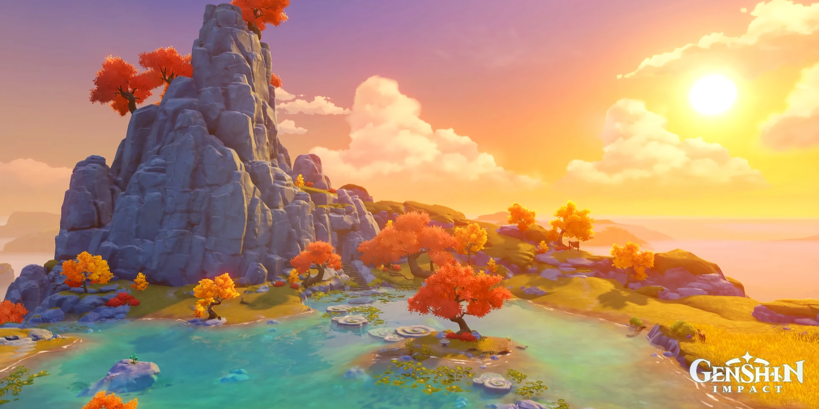 A screenshot from Genshin Impact showing a mountain landscape in Liyue