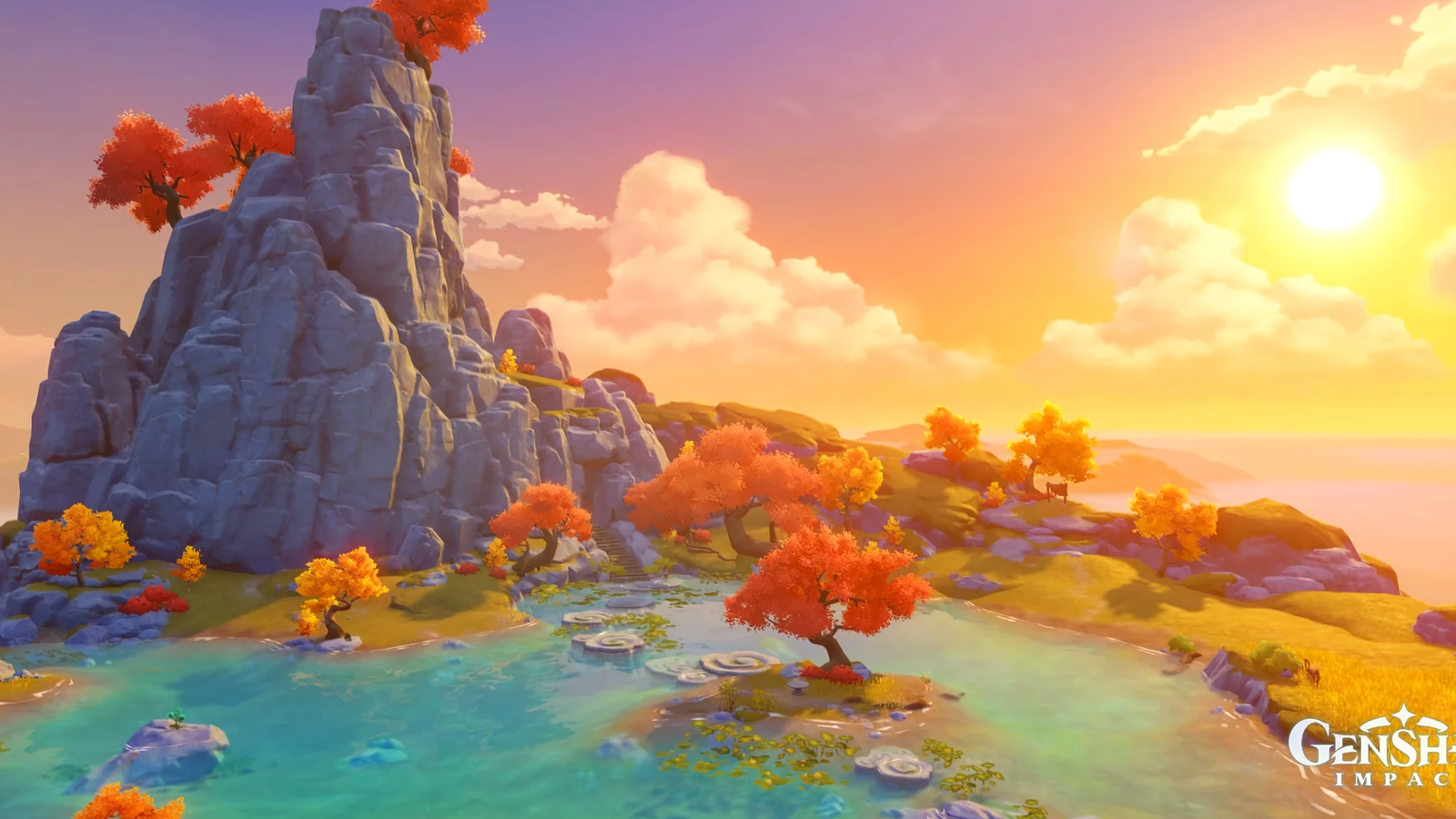 A screenshot from Genshin Impact showing a mountain landscape in Liyue