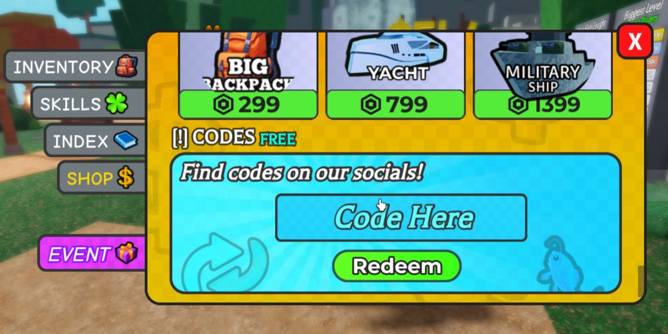 Go fishing in the codes tab