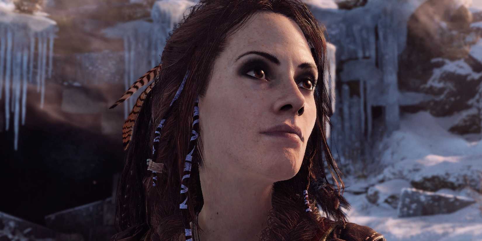 A close-up screenshot of Freya from God of War.