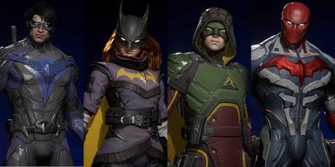 Split image of Nightwing, Batgirl, Robin, and Red Hood in alternate outfits in Gotham Knights