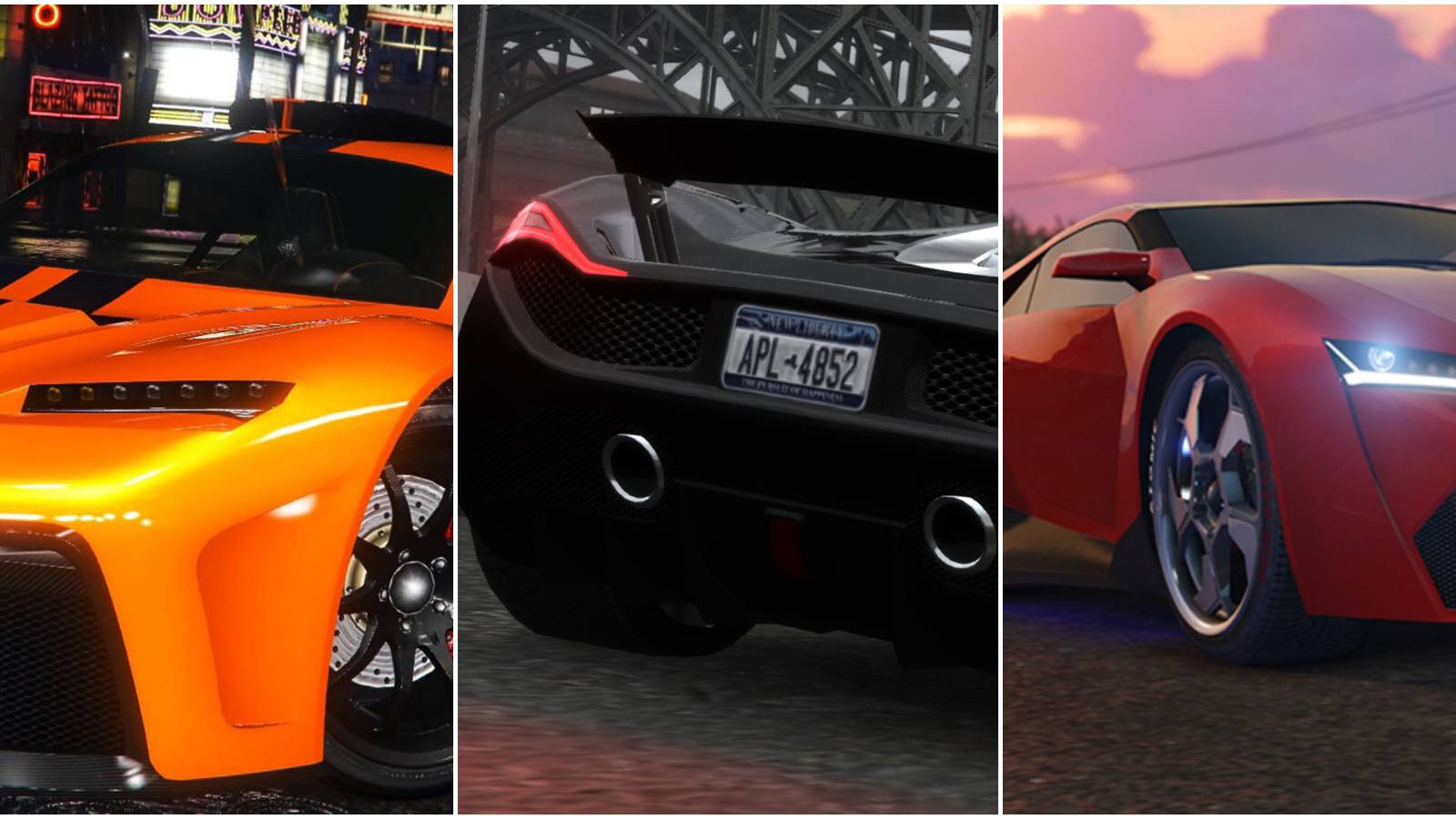 An orange Krieger, a black Ocelot, and a red Pegassi