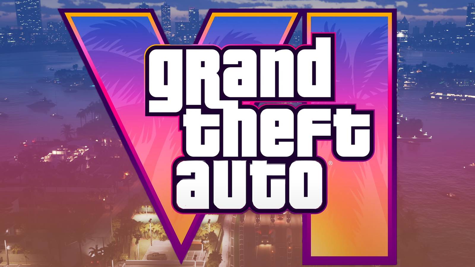 Grand Theft Auto VI GTA 6 logo over Vice City cityscape at night