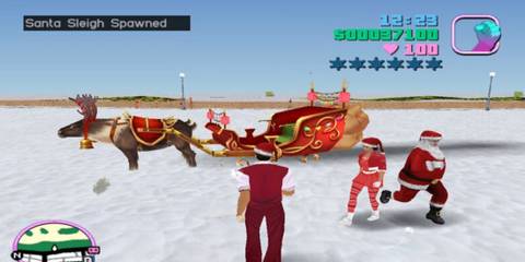 Tommy and Mercedes with Santa and his sleigh 
