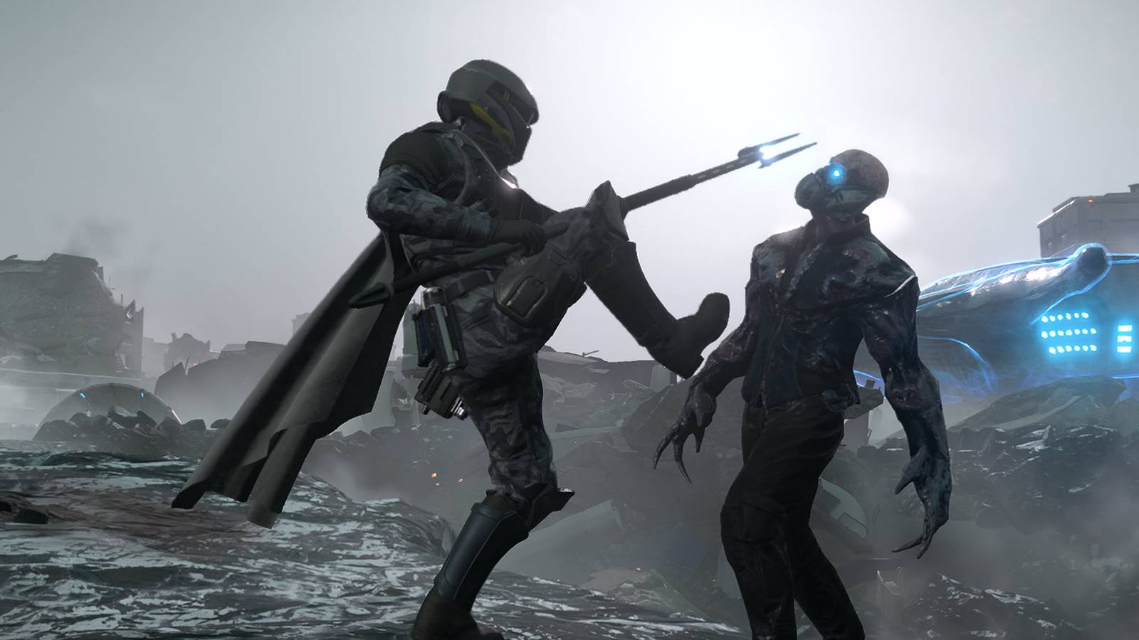 A Helldiver kicking an enemy in Helldivers 2