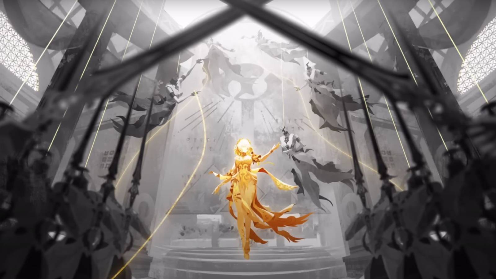 honkai star rail amphoreus trailer showing aglaea glowing black and white