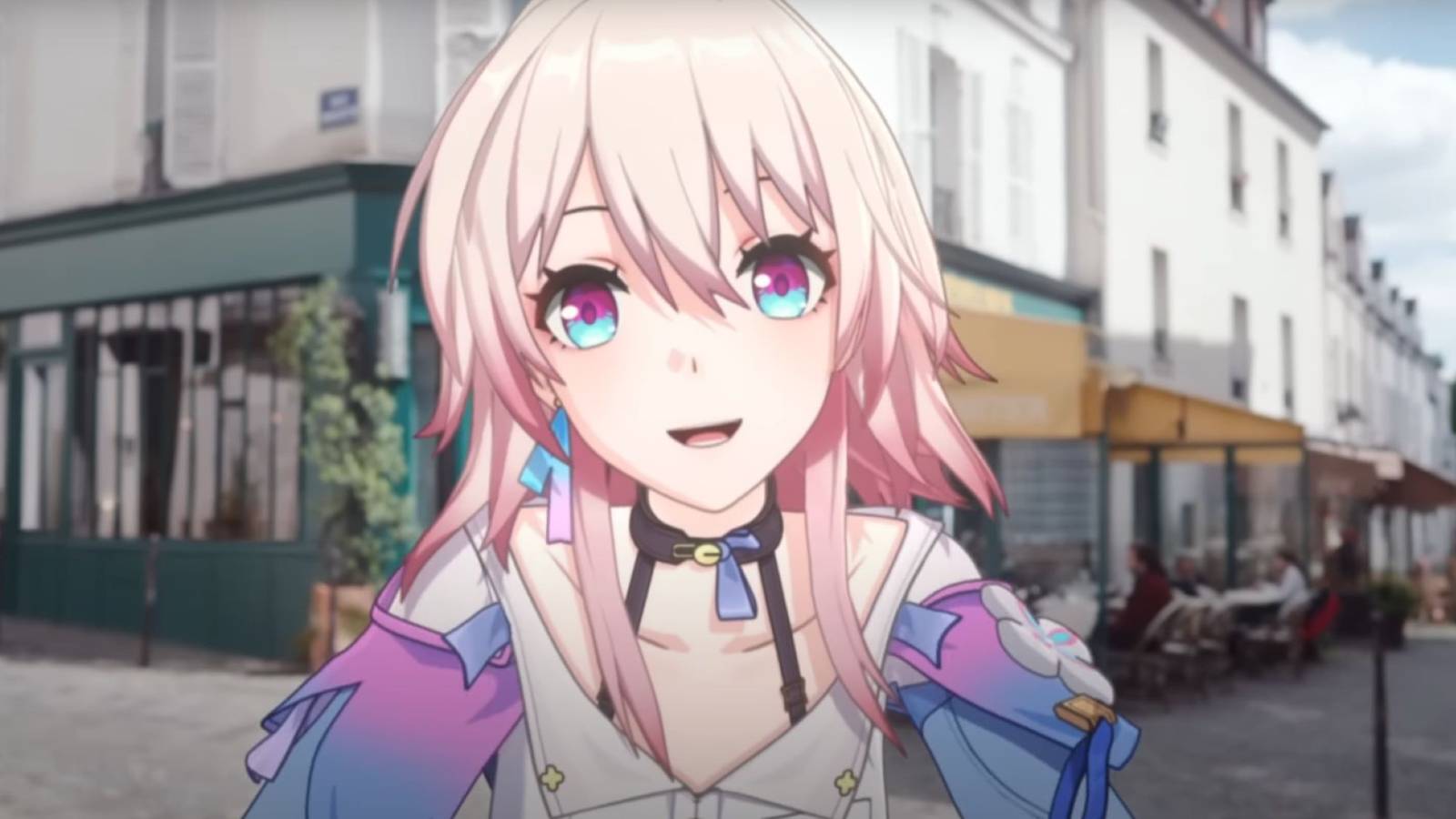 march 7th from honkai star rail close up shot with paris in the background