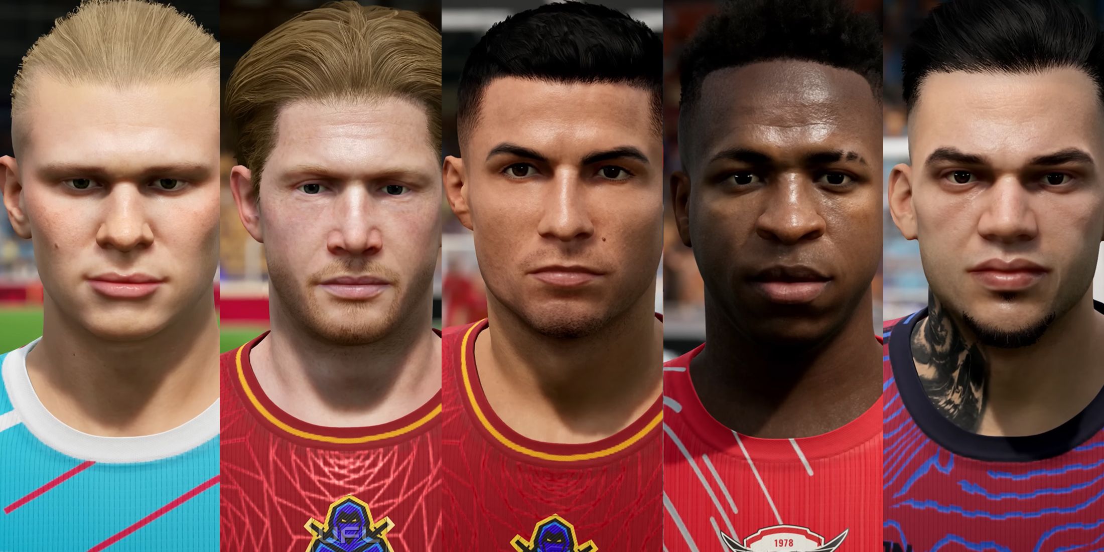 UFL Haaland, De Bruyne, Cristiano Ronaldo, Vinicius Jr, and Ederson in-game player character