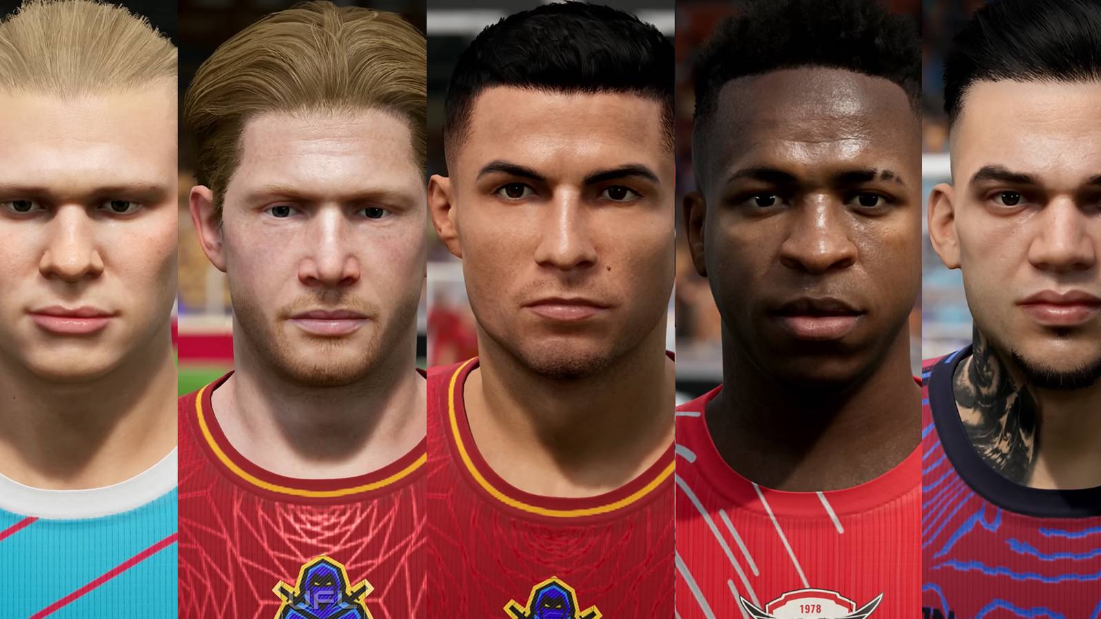 UFL Haaland, De Bruyne, Cristiano Ronaldo, Vinicius Jr, and Ederson in-game player character