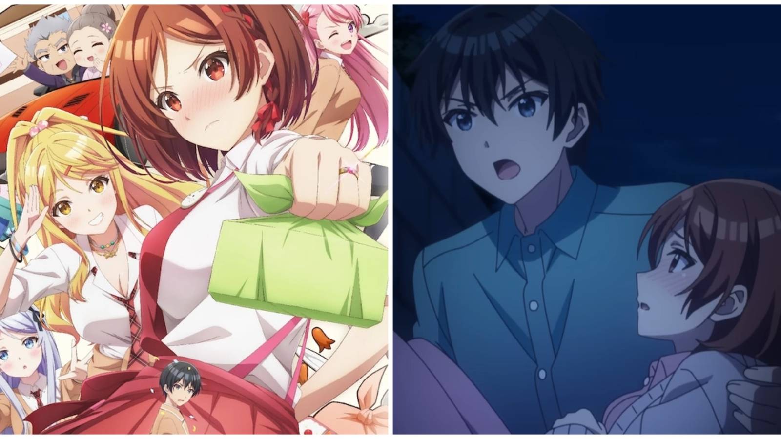Split image of a key visual and Akane with Saito in I'm Getting Married to a Girl I Hate in My Class