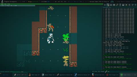 Praetorian facing a snapjaw in Caves of Qud
