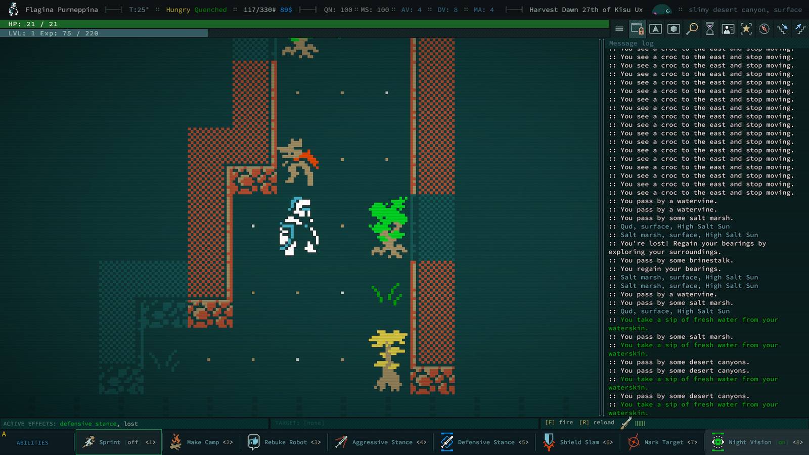Praetorian facing a snapjaw in Caves of Qud