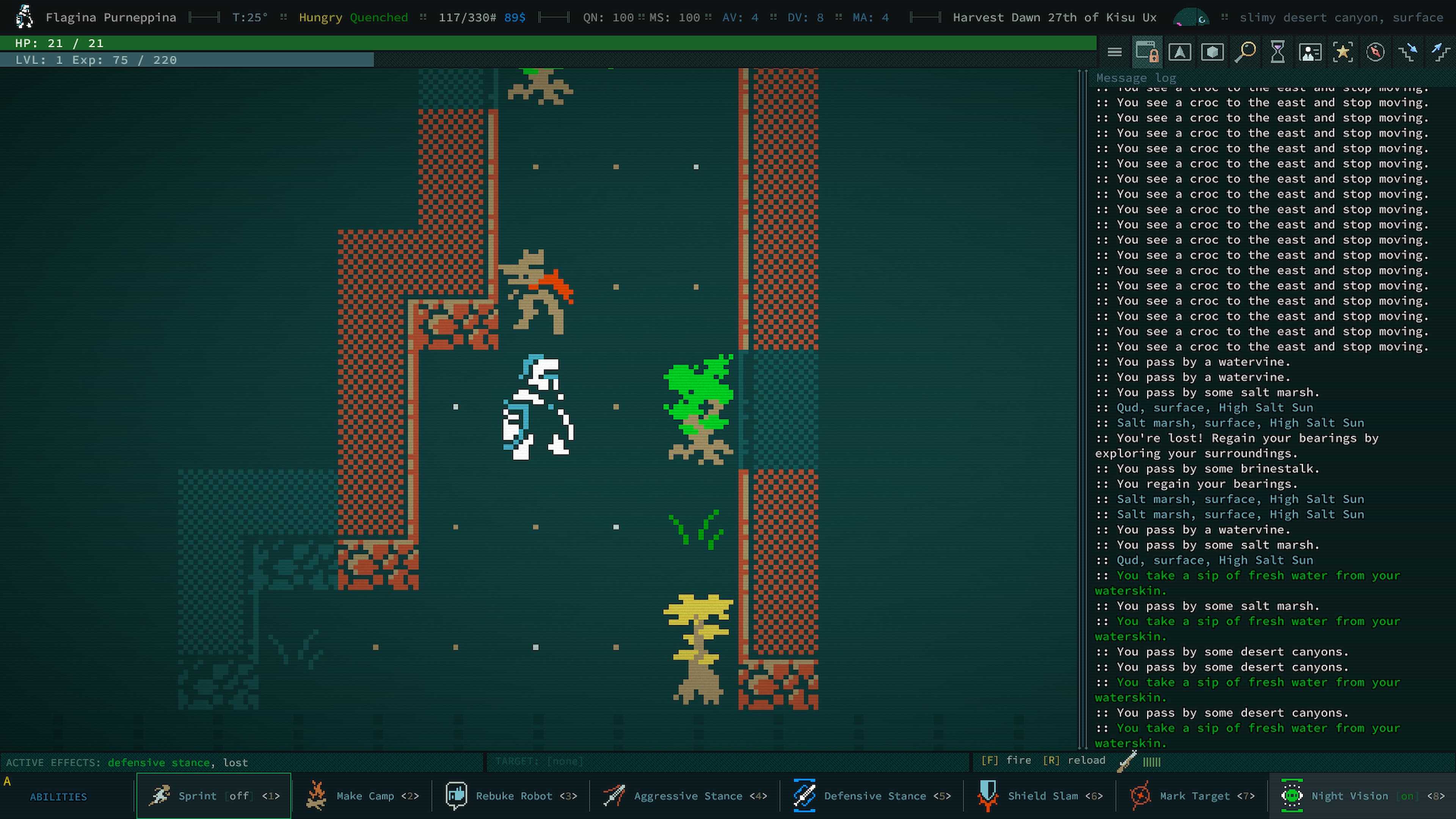 Praetorian facing a snapjaw in Caves of Qud