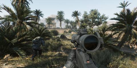 Approaching a compound in Delta Force with a sniper rifle