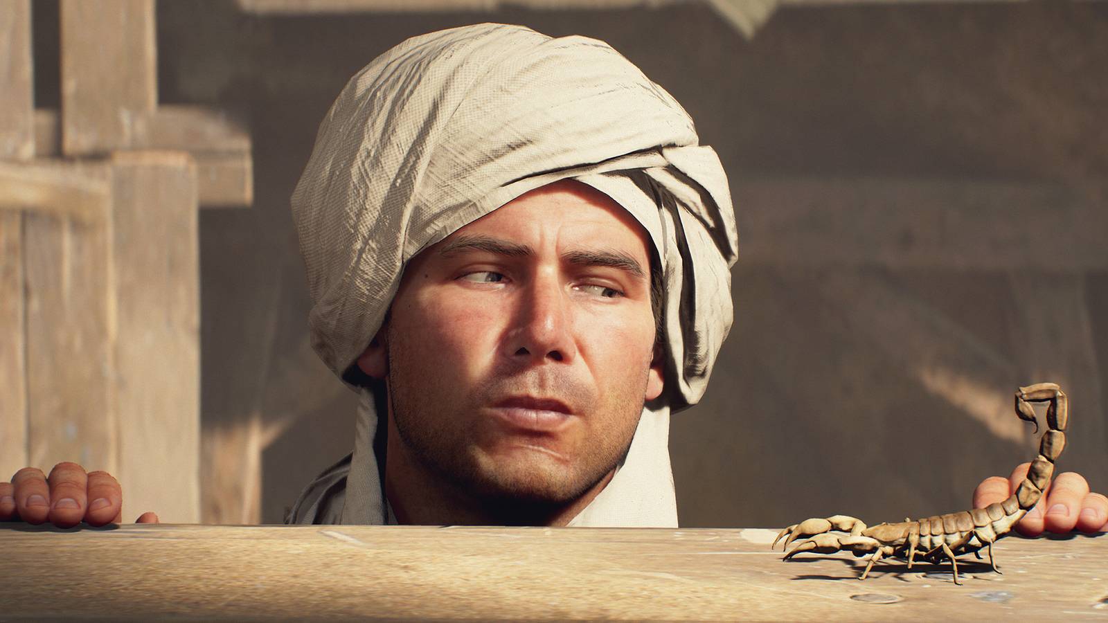 Indy looking at a scorpion in Indiana Jones and the Great Circle