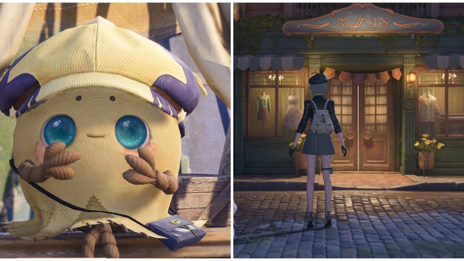 Split image of Trip Bag Baggy and the front of a clothing store in Infinity Nikki