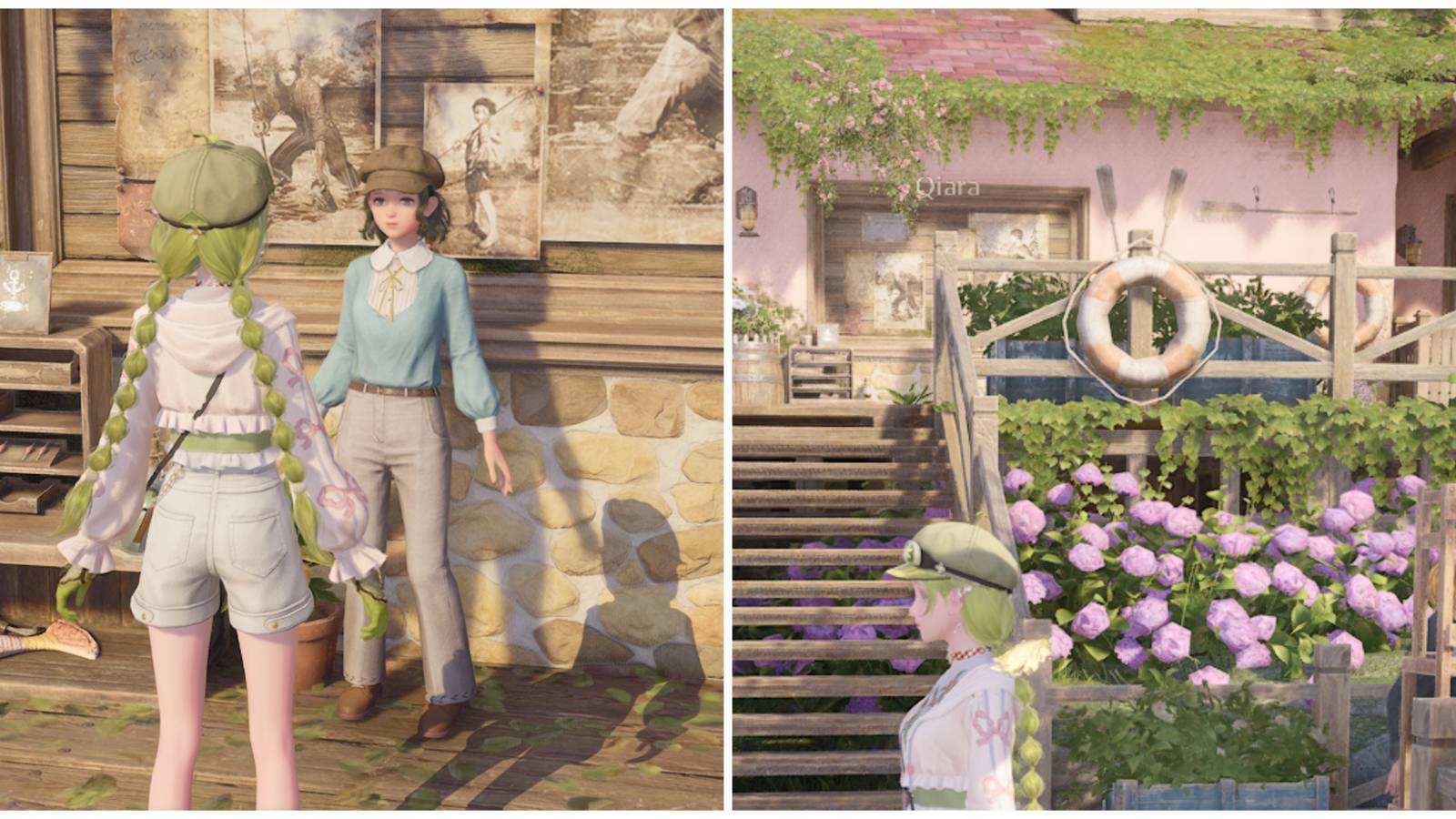 Split image of Nikki with Qiara and the long-eared bunny picture in Infinity Nikki