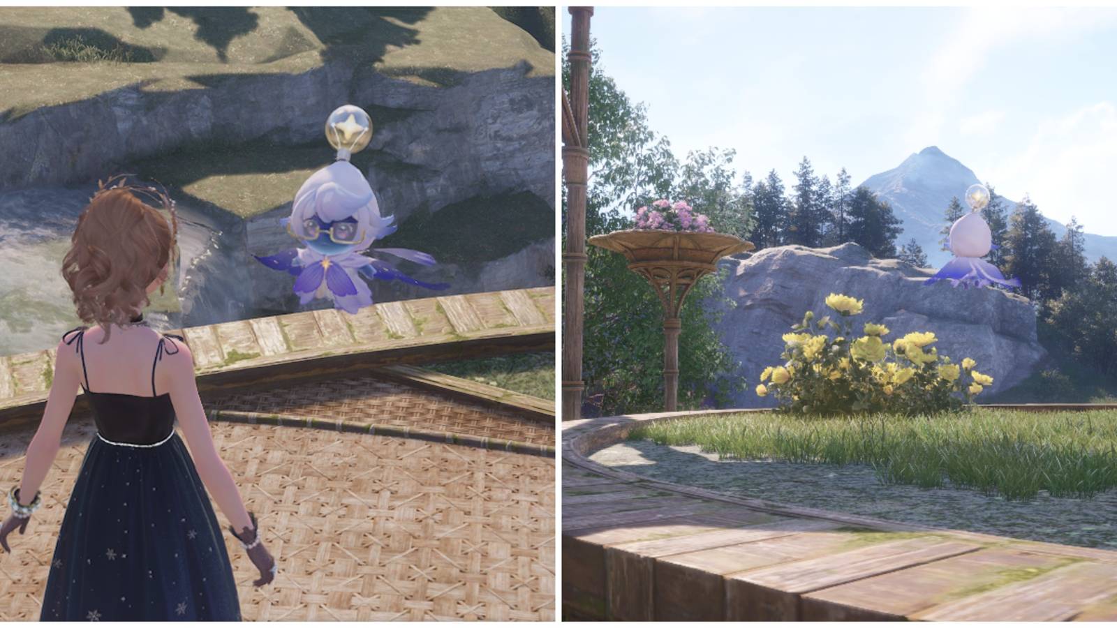 Split image of Sopuda talking with Nikki and the empty flowerpot filled in Infinity Nikki