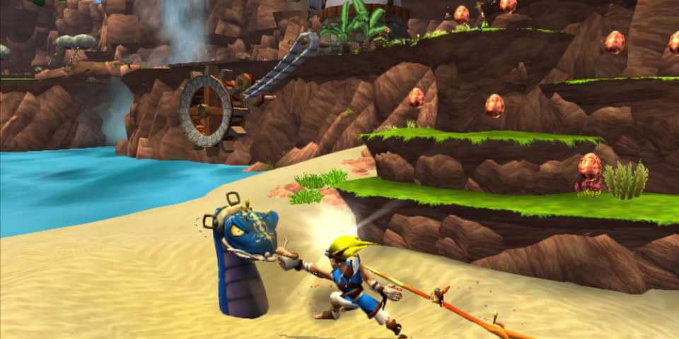 Jak punching a sand snake in Jak & Daxter: The Precursor Legacy