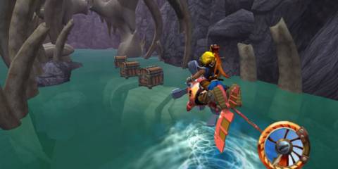 Jak and Dexter riding a ship across water in Jak & Daxter: The Precursor Legacy