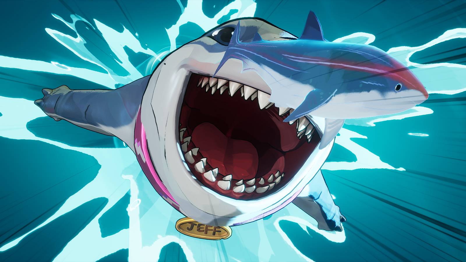 Jeff the Land Shark eating a fish in Marvel Rivals