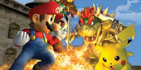 Key Art Showing Mario, Pikachu, Bowser & Link Fighting In Super Smash Bros Melee