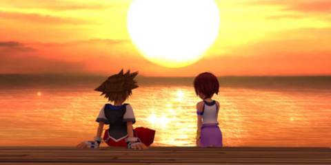 Sora and Kairi on the beach, watching the sunset.