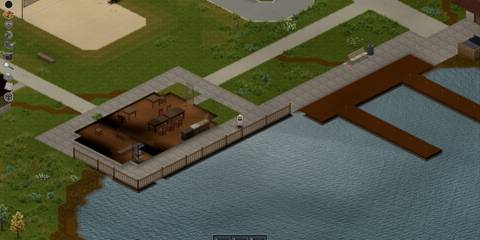 Lakeside view of Dark Wallow Lake dock and dining area in Project Zomboid Build 42