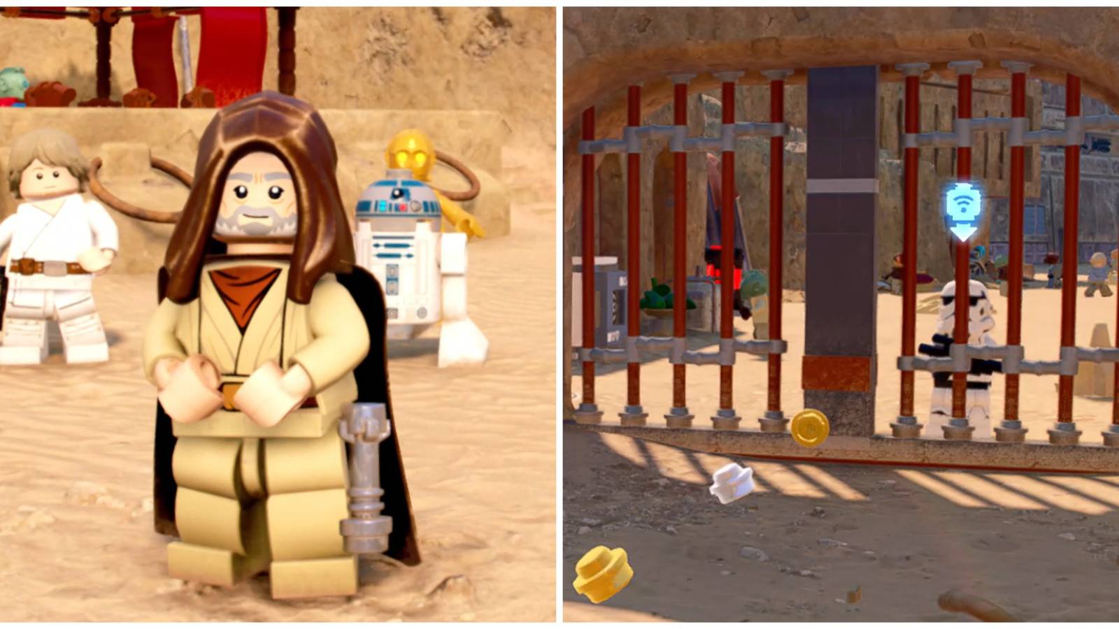 Split image of Ben Kenobi with Luke, R2-D2, and C-3PO and a Stormtrooper that can be manipulated with mind tricks in Lego Star Wars Skywalker Saga