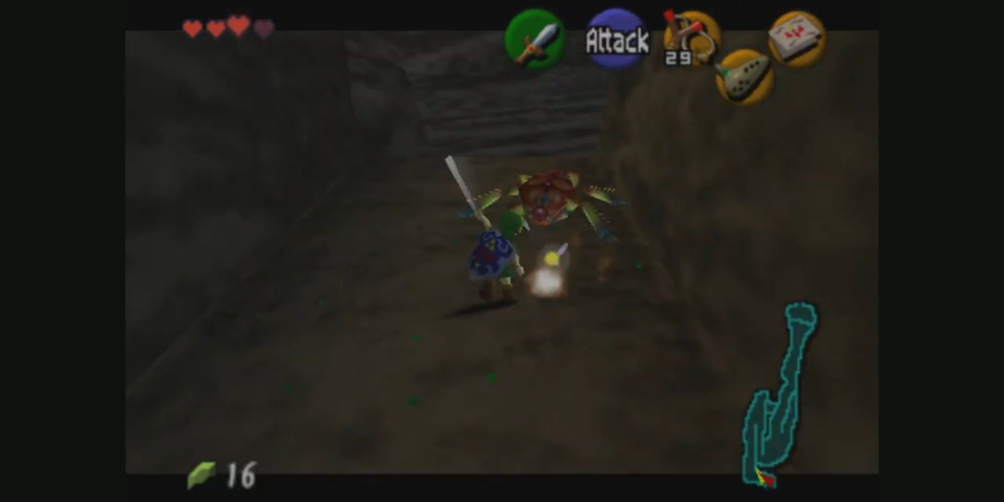 Link fighting an enemy in Kokiri Forest.