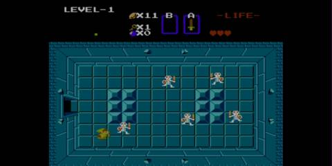 Link fighting Stalfos inside a dungeon.