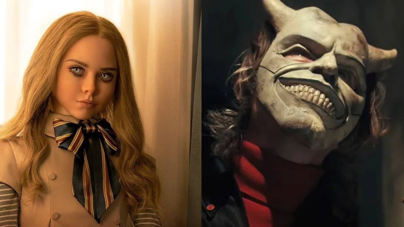 Split image of the doll in M3GAN and The Grabber in The Black Phone