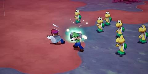 Mario and Luigi preparing to attack Koopa Troopas with a hammer in Mario & Luigi: Brothership