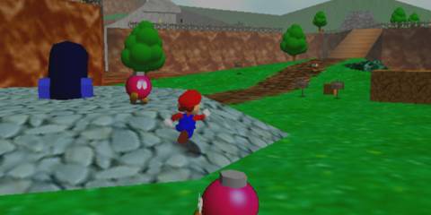 Mario running around in Bob-Omb Battlefield in Super Mario 64
