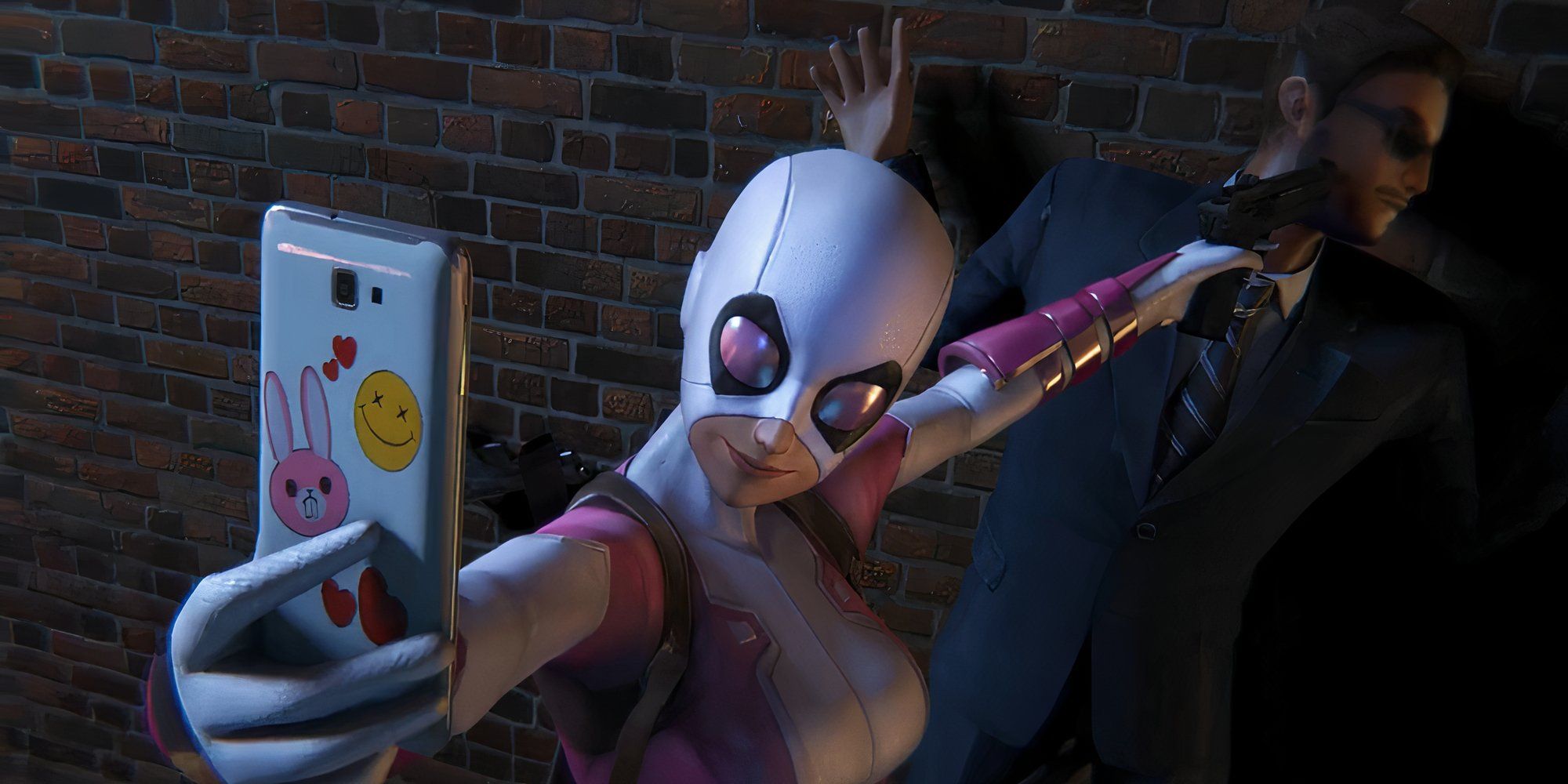 Gwenpool taking a selfie with a thug in Marvel Future Fight