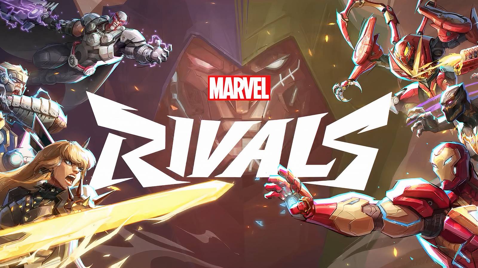 Marvel Rivals characters clashing with logo and Doom in the background