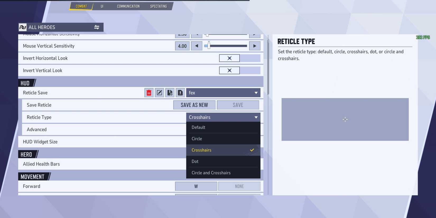 Image showing the crosshair settings from Marvel Rivals