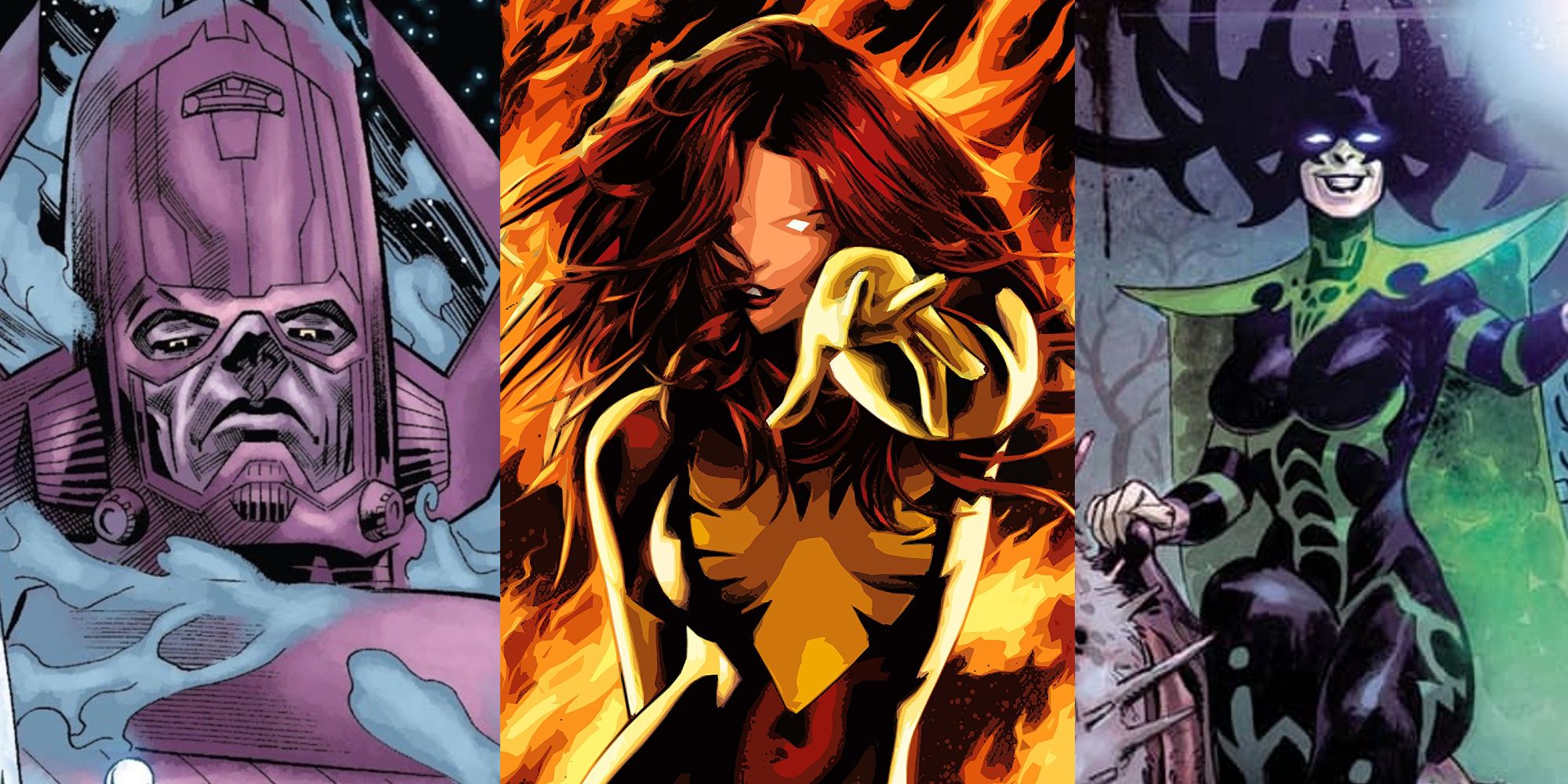 Galactus surrounded by smoke; Jean Grey surrounded by fire; Hela riding a horse