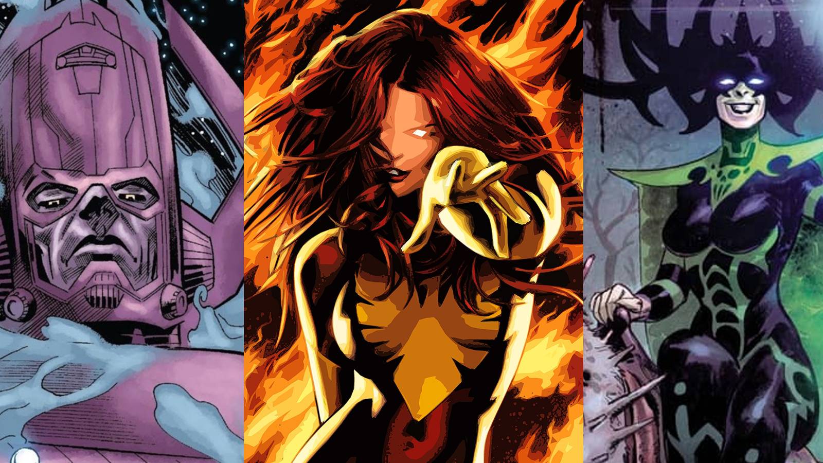Galactus surrounded by smoke; Jean Grey surrounded by fire; Hela riding a horse