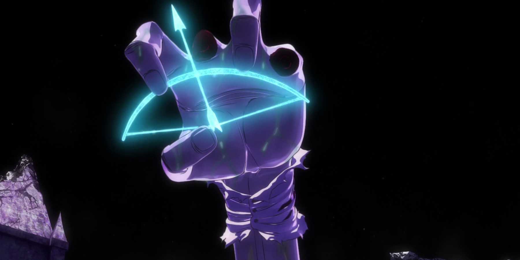 Pernida Parnkgjas summons a Quincy bow and arrow while fighting Mayuri Kurotsuchi in BLEACH Thousand-Year Blood War.